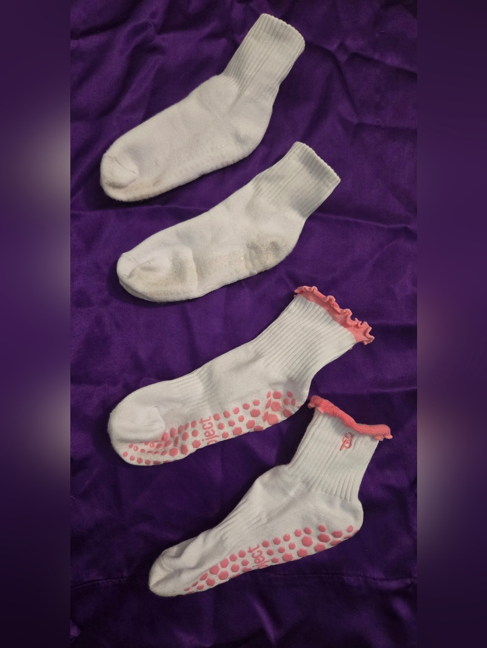 Two Pair Pilates Or Barre Socks;White Ankle Socks & White with Pink Grips